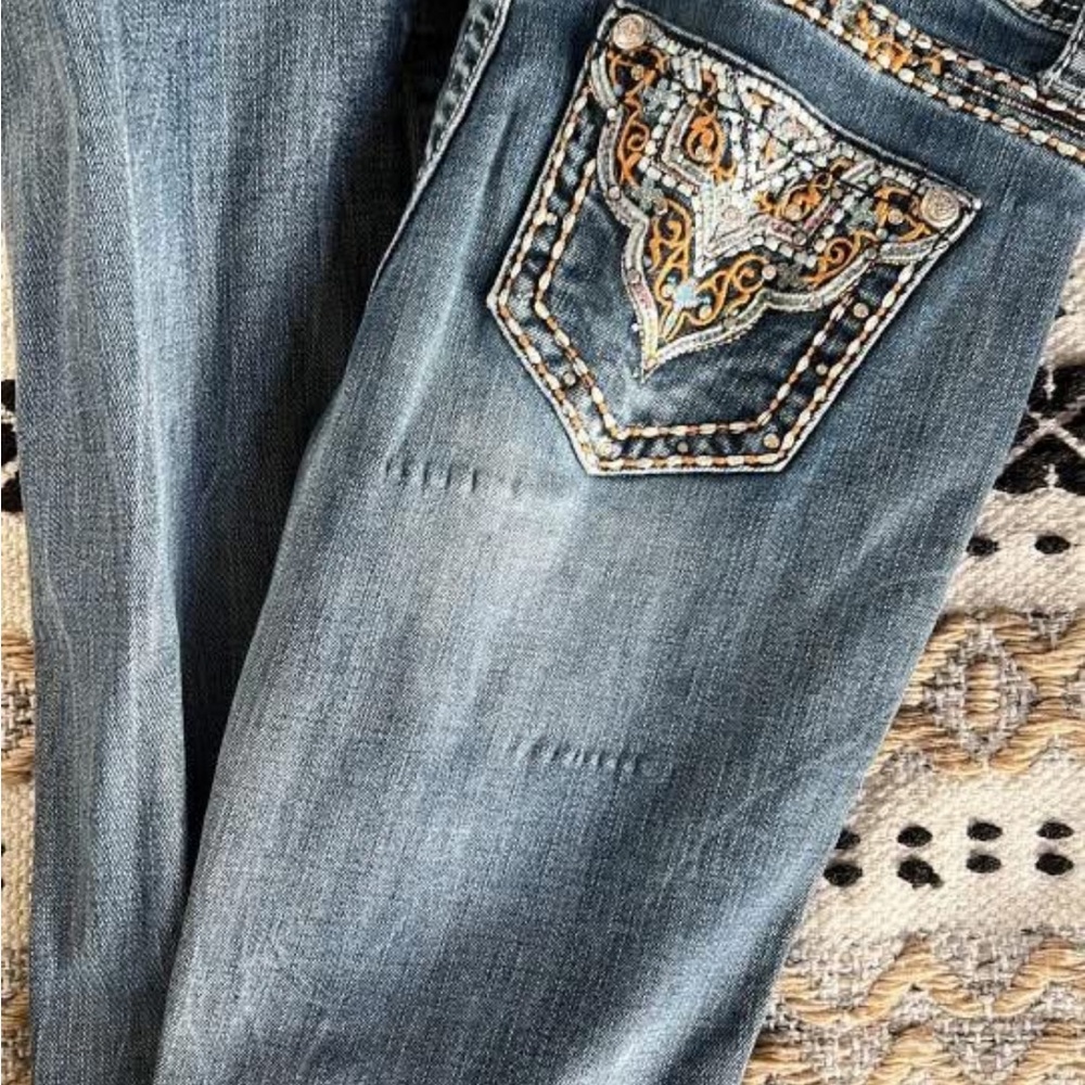 Grace in LA Blue Boot Cut Jeans with Gold Embroidery